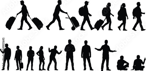 “Silhouette collection of people walking traveling carrying luggage standing talking and sitting in various poses for vector illustration and design use”