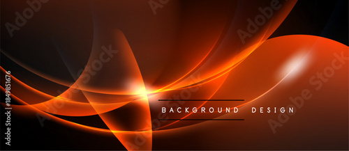 Dynamic orange curves create abstract background. Bright light emanates from center, contrasting dark edges. Modern design element.