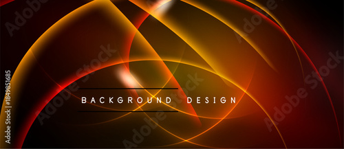 Abstract design features flowing orange curves, red highlights. Dark background creates dramatic visual effect. Text reads background design.