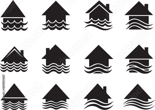 Houses partially submerged in floodwaters with varying water levels