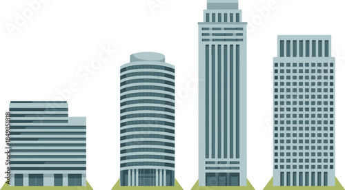Modern urban skyscraper buildings illustration featuring corporate office towers, city architecture skyline, business district real estate, clean flat vector design