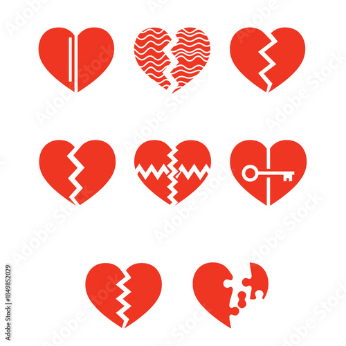 Collection of broken heart icons in red color isolated on