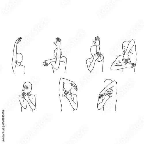 A set of seven different hand gestures and arm movements illustrated in a line drawing style on a