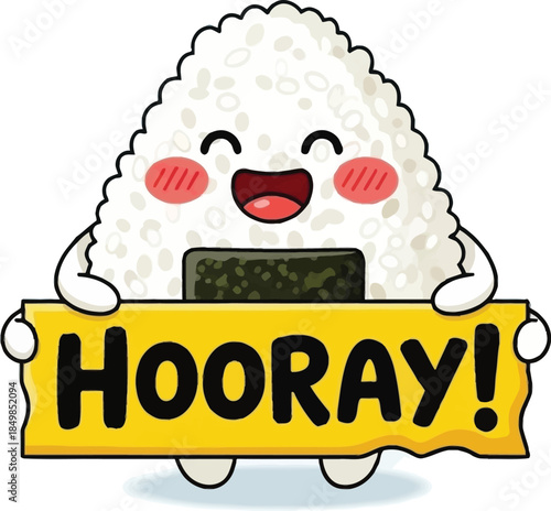 Cute cartoon sushi character celebrating with hooray banner