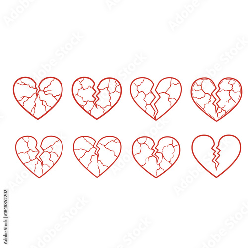 Collection of broken heart shapes in red outline on