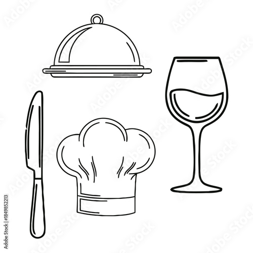 Black and white line drawing of chef hat, wine glass, and utensils for cooking and dining