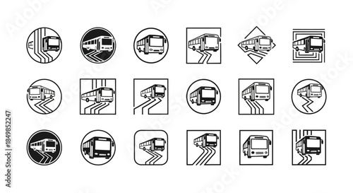 Collection of minimalistic bus transportation icons representing different transportation options