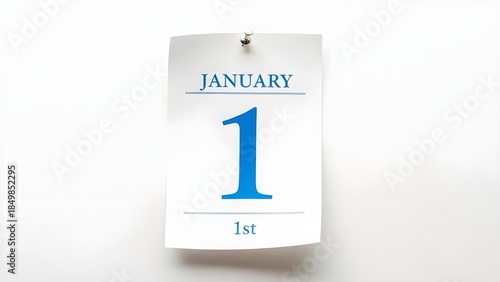 January 1st calendar page hanging on a white wall background