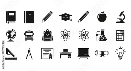 Detailed illustration of educational symbols in clean black and white style