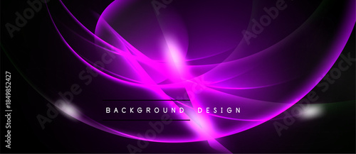 Abstract purple design. Smooth curves create dynamic light effect over black background. Modern, elegant visual presentation.