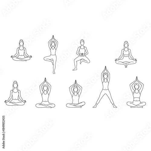 A set of various yoga poses illustrated in a line drawing style isolated on