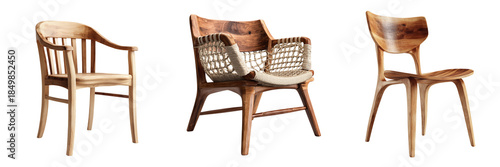 Set of Antique bentwood wooden chair with smooth steam-bent curves, minimal design, historical furniture style transparent png background. Ai generated