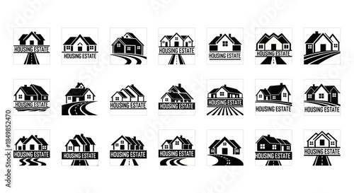 Collection of minimalist real estate logo designs showcasing diverse architectural styles