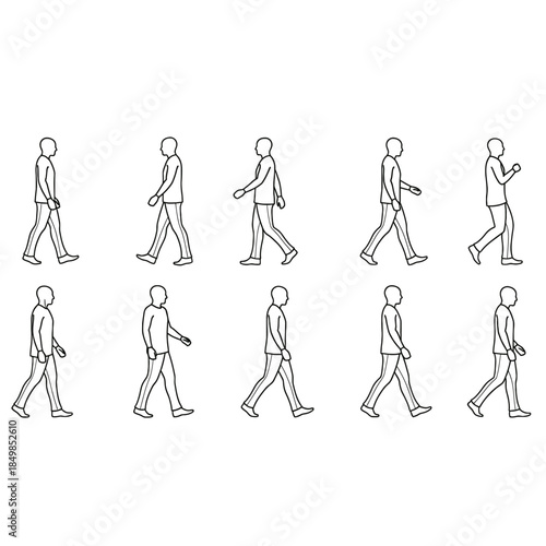 A series of illustrations depicting a man walking in various poses in a line isolated on