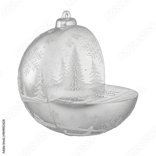 Cross section of a silver christmas ornament revealing a detailed snowy winter forest scene inside
