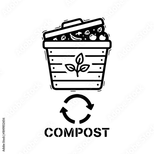 Organic Compost Bin Icon Stencil Style. Sustainable Waste Recycling Stamp Vector.