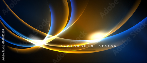 Abstract design features vibrant blue, orange, yellow light streaks. Dark background emphasizes flowing energy, modern aesthetic.