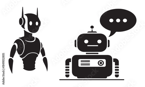 Two robots communicating with speech bubble in modern tech setting