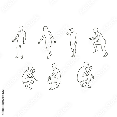 Set of various people poses and movements in line art style