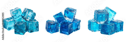 Set of Clear ice cubes stacked naturally with visible frost and condensation transparent png background. Ai generated