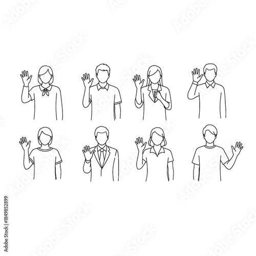 Vector illustration of people waving in different poses and outfits isolated on