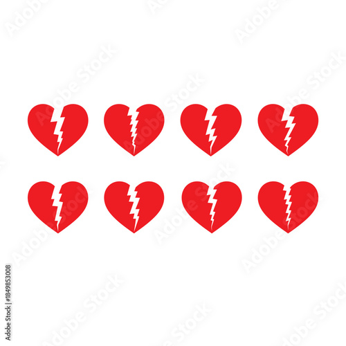 Eight broken red hearts on a symbolizing love and heartbreak