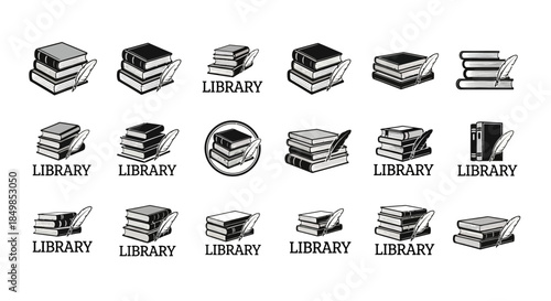 Monochromatic books and quill illustrations for academic research and literary themes