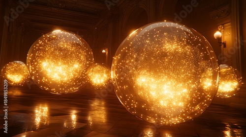 Golden Orbs in Luxury Hall Abstract Light.