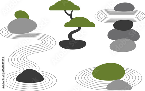 Zen Garden Design Elements with Bonsai Trees and Stones