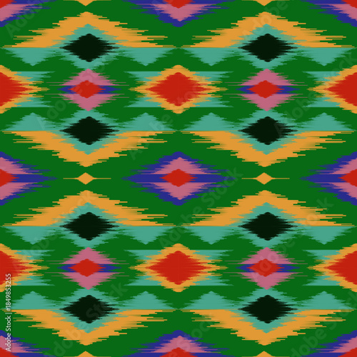 Ethnic ikat colorful dye yarns weaving seamless pattern. Vector hand drawn craftsmanship embroidery bohemian, abstract square geographic art fabric ikat textile material design for clothing wallpaper