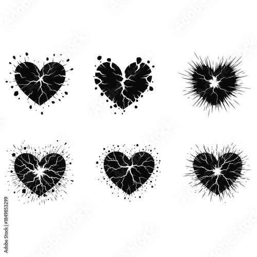 Collection of black heart shapes with crack effects isolated on