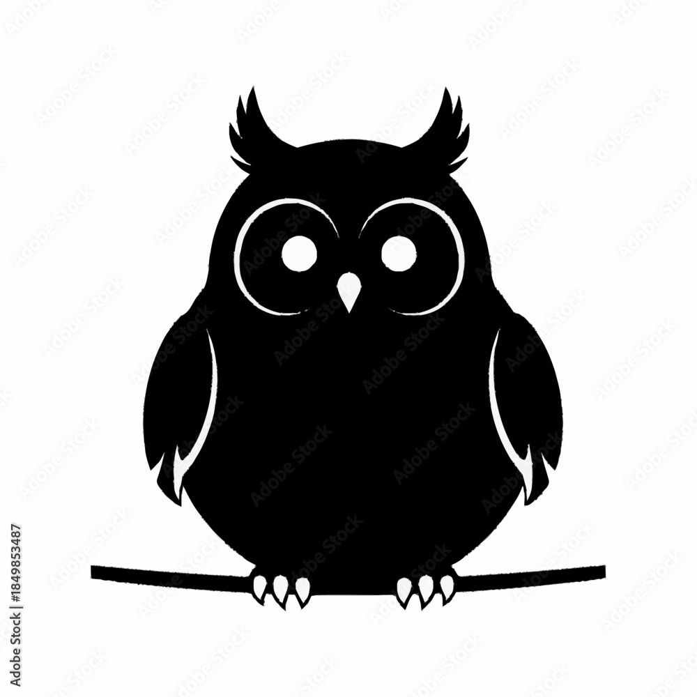 Fototapeta premium Black silhouette of an owl perched on a branch, isolated on white background.