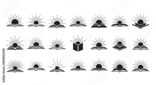 Collection of book icons stylized with radiant sunbursts for knowledge and enlightenment