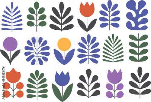 Colorful Floral Icons Set with Leaves and Flowers