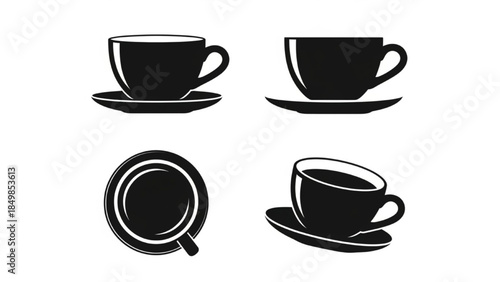 Black Coffee Cup Silhouette Vector Set Showing Front Side Top Tilted Views