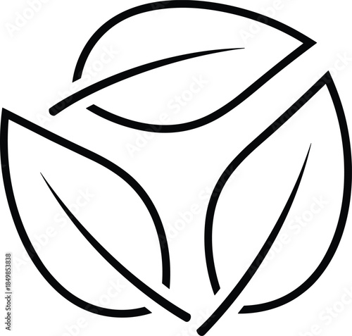Modern graphic representation of biological life and environmental protection, showing a trio of symmetric leaves forming a continuous loop for sustainable business concepts.