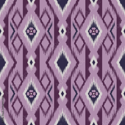Ethnic ikat violet dye yarns weaving seamless pattern. Vector hand drawn craftsmanship embroidery bohemian, abstract square geographic art fabric ikat textile material design for clothing wallpaper