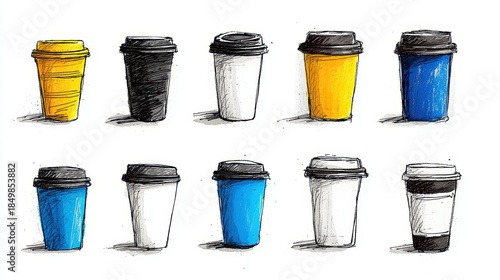 Wallpaper Mural Colorful Sketches of Disposable Coffee Cups in Different Styles and Designs Torontodigital.ca