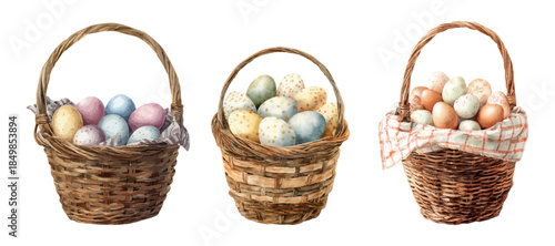 Easter basket with colorful eggs in watercolor style. Easter basket with Easter eggs. Charming spring collection perfect for holiday cards, banners and seasonal decorative projects.