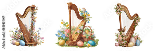 Set of Elegant harp decorated with hand-painted watercolor flowers transparent png background. Ai generated