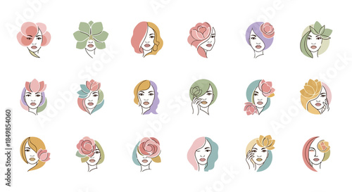 Elegant collection of feminine beauty portraits featuring floral and botanical elements