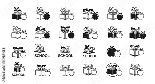 Collection of Minimalist School Icons Depicting Students Studying with Apples Around