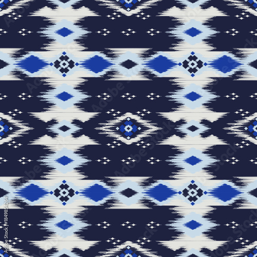Ethnic ikat blue dye yarns weaving seamless pattern. Vector hand drawn craftsmanship embroidery bohemian, abstract square geographic art fabric ikat textile material design for clothing wallpaper
