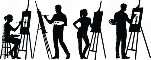 Painting activity silhouettes, art class scene, easel canvas brush, CAD drawing, flat vector illustration, black white creative design