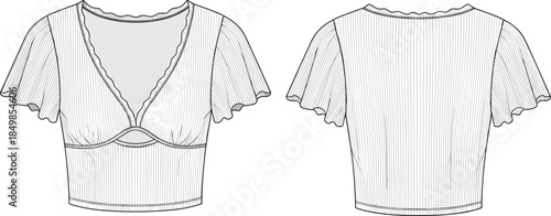 Cropped top fashion sketch, ruffle neckline, flutter sleeve, keyhole detail, CAD drawing, flat vector illustration, black white style