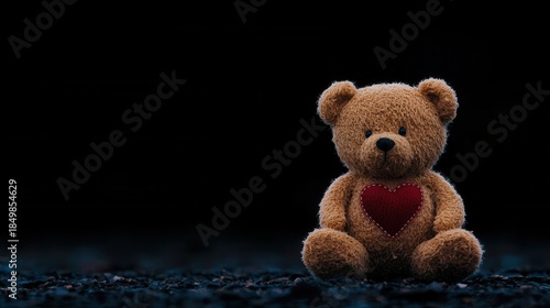 Soft teddy bear with a red heart on a dark background, symbolizing love and warmth