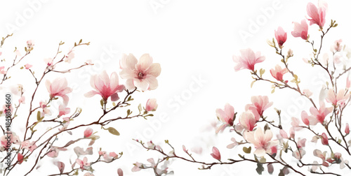 Pink magnolia flowers blooming on tree branches, creating a delicate watercolor floral border design, symbolizing spring, beauty, freshness, and growth with a transparent background