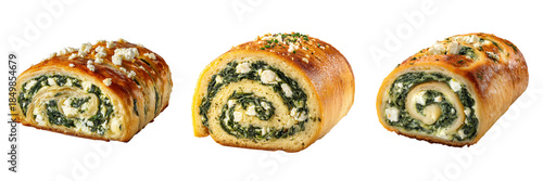 Set of Flaky puff pastry cream horn suspended in the air transparent png background. Ai generated