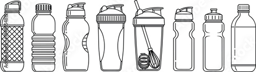 Water bottle collection, sports bottle set, ergonomic design, grip texture, mixing ball, CAD drawing, flat vector illustration, black white style
