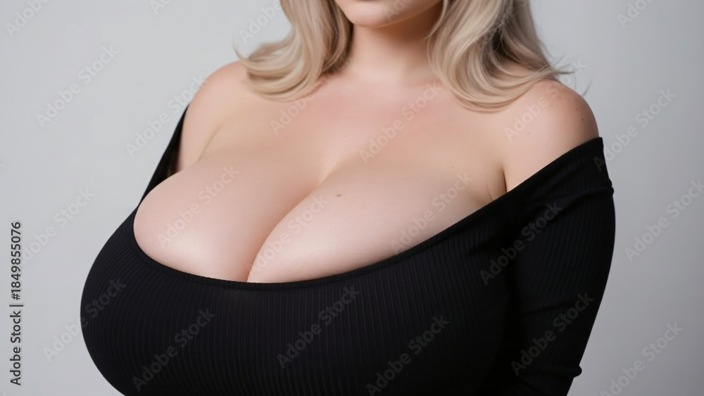 Obraz premium A close-up studio shot features the torso and lower neck and chin of a woman with pale skin tone, against a plain, light gray background.